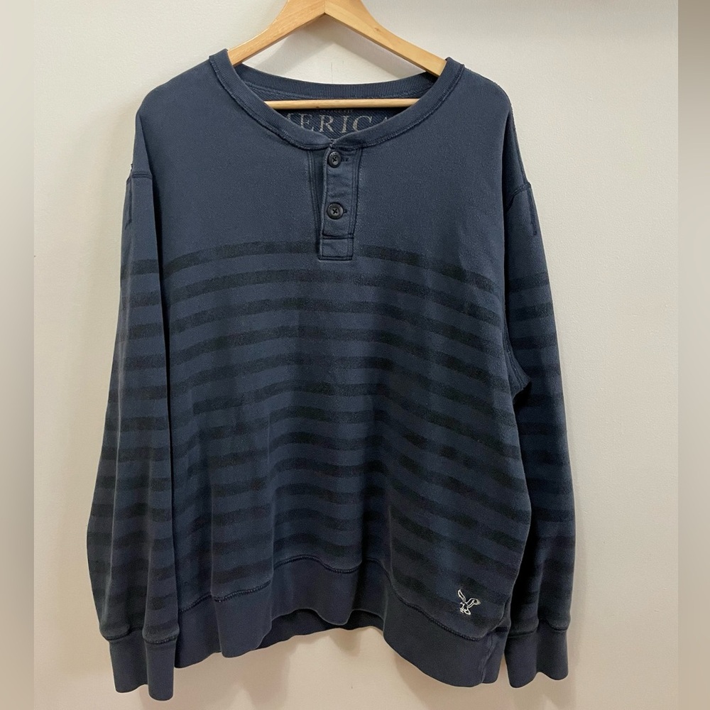 American Eagle Mens Pullover Sweater Preppy Collegiate Blue Striped Logo XL